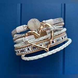Layered Bracelet Magnetic Closure Gold Heart Druzy Crystal Bling Braided 7.5”